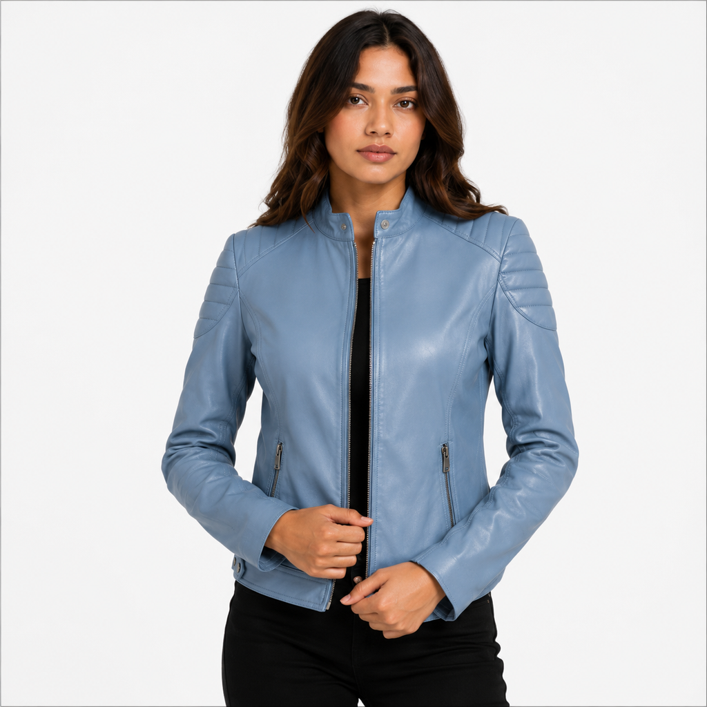 Women's Pastel Steel Blue Cafe Racer Leather Biker Jacket