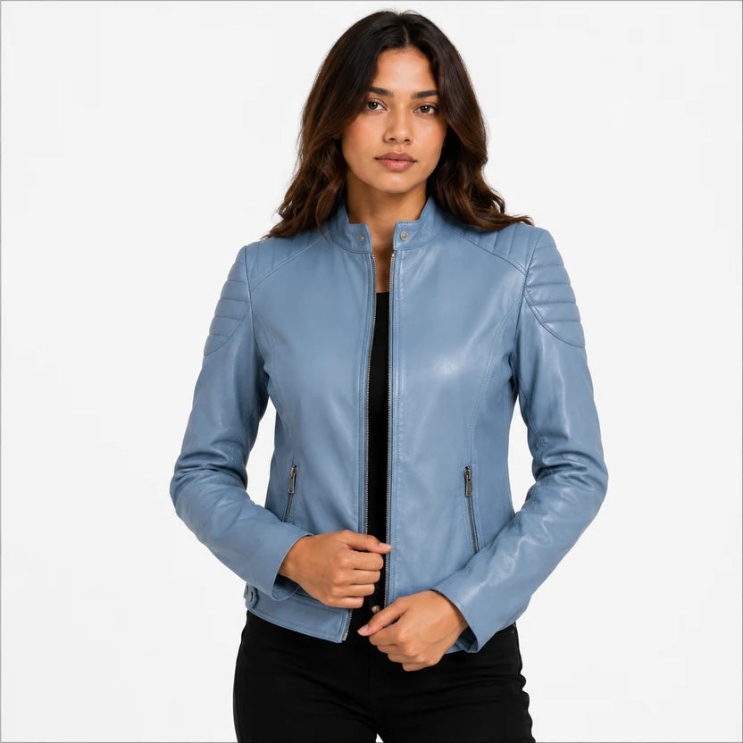 Women's Light Blue Genuine Leather Cafe Racer Jacket