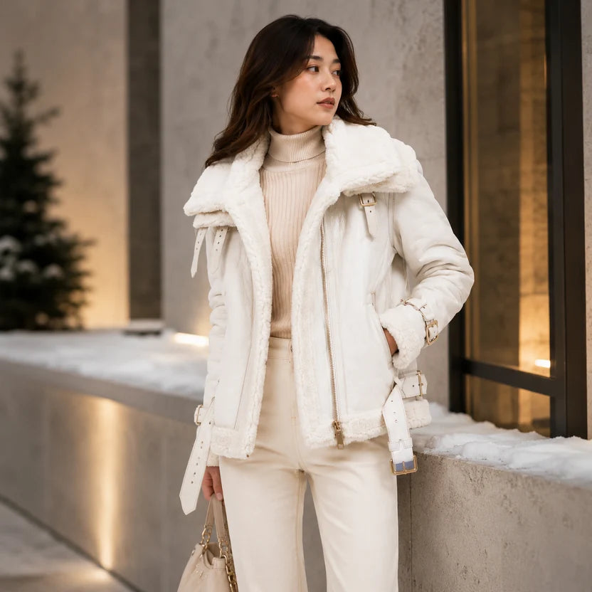 Women's Off-White Shearling Aviator Jacket