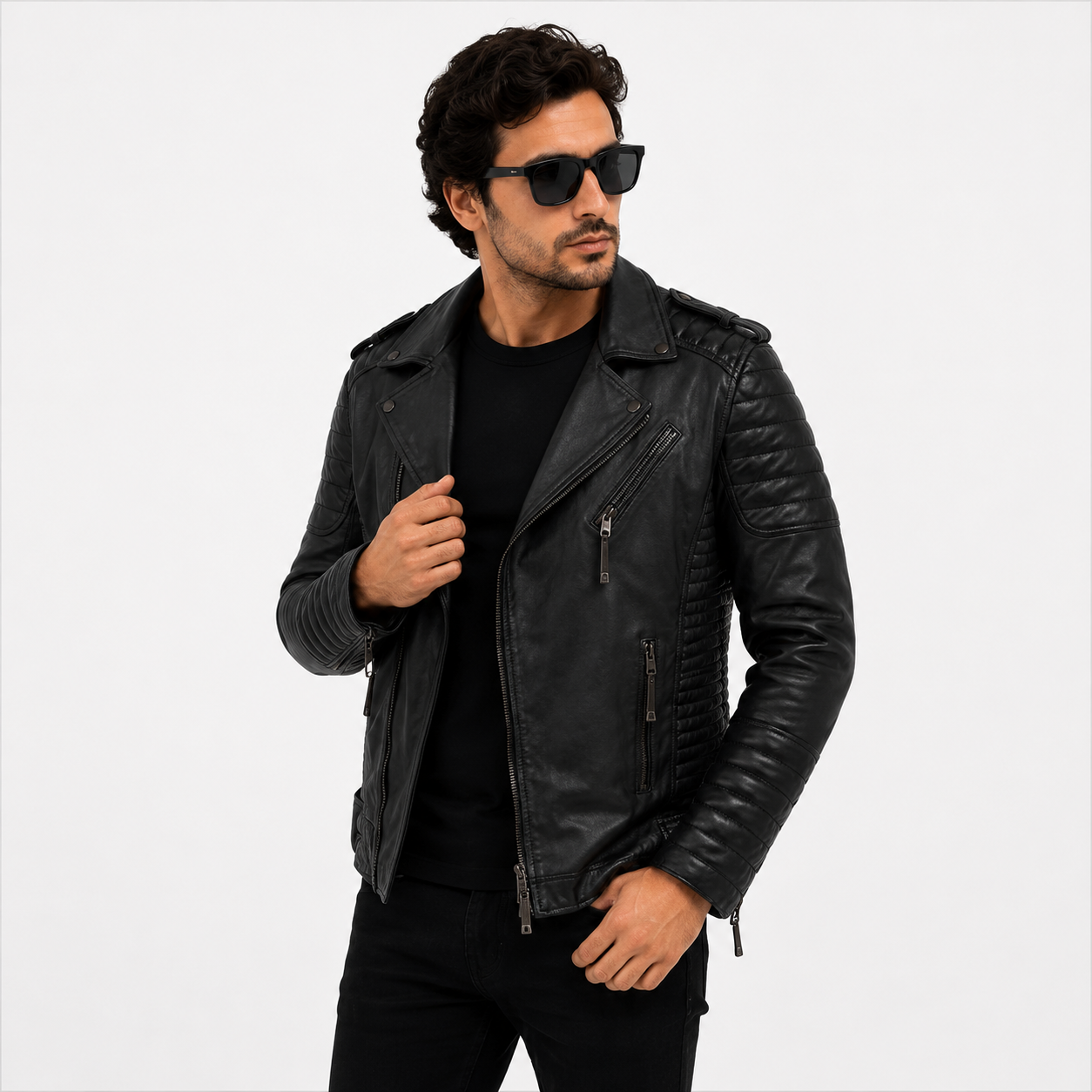 Men's Stealth Black Asymmetric Leather Biker Jacket