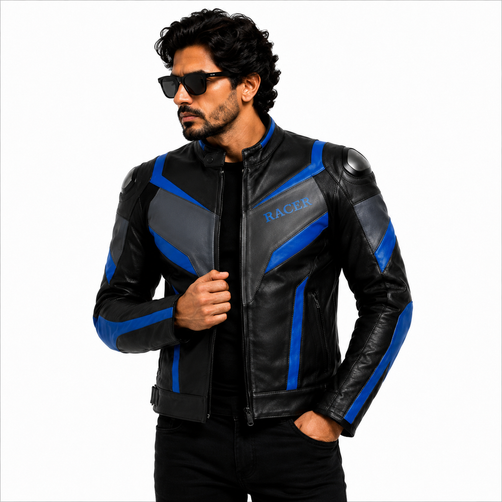 Men's Black & Blue Leather Motorcycle Jacket