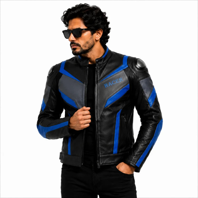 Black and blue leather racer jacket