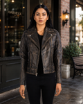 Women's Distressed Charcoal Genuine Leather Biker Jacket