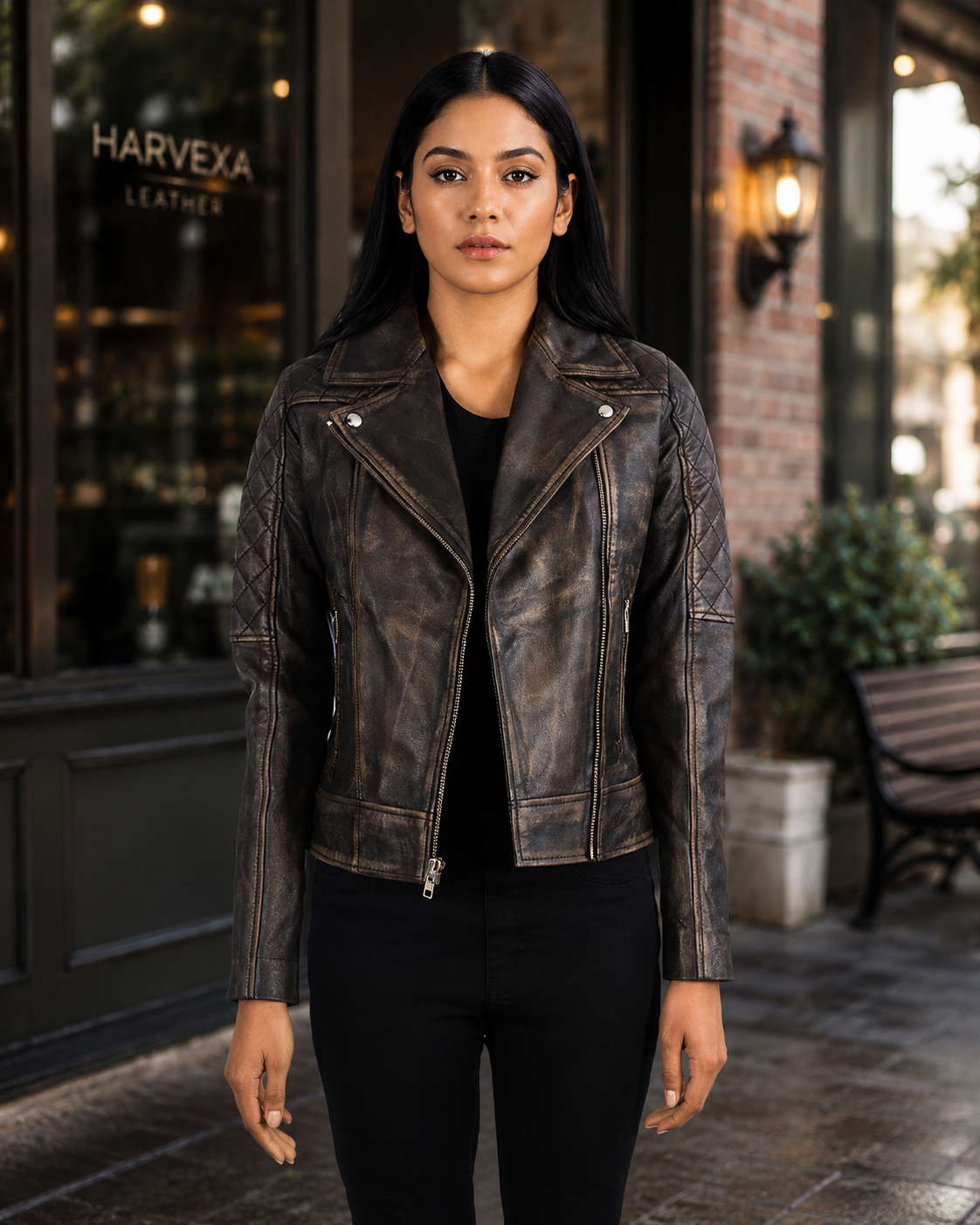Women's Distressed Charcoal Genuine Leather Biker Jacket