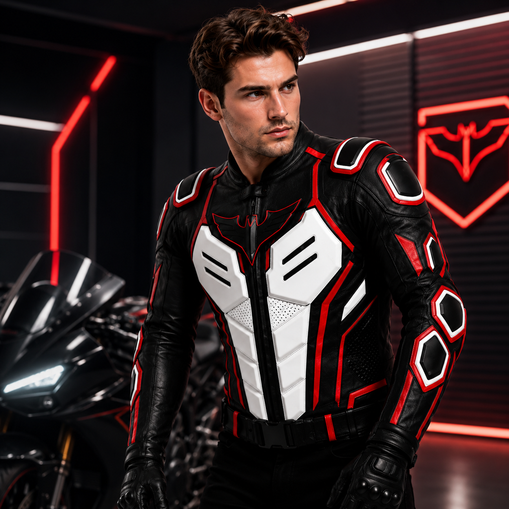 Men's Black Red Armored Leather Jacket with Gloves Riding Outfit