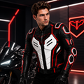Men's Black Red Armored Leather Jacket with Gloves Riding Outfit