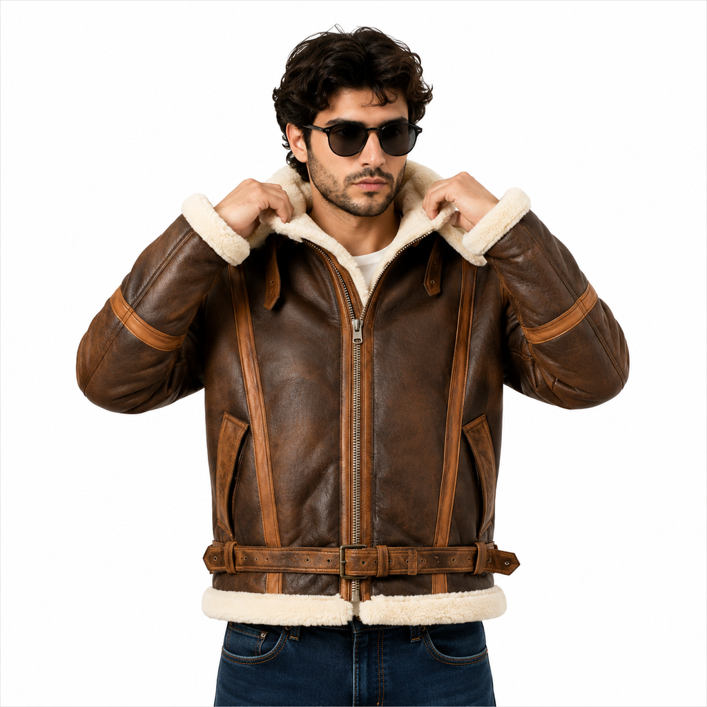 Men's vintage B-3 brown shearling leather aviator jacket