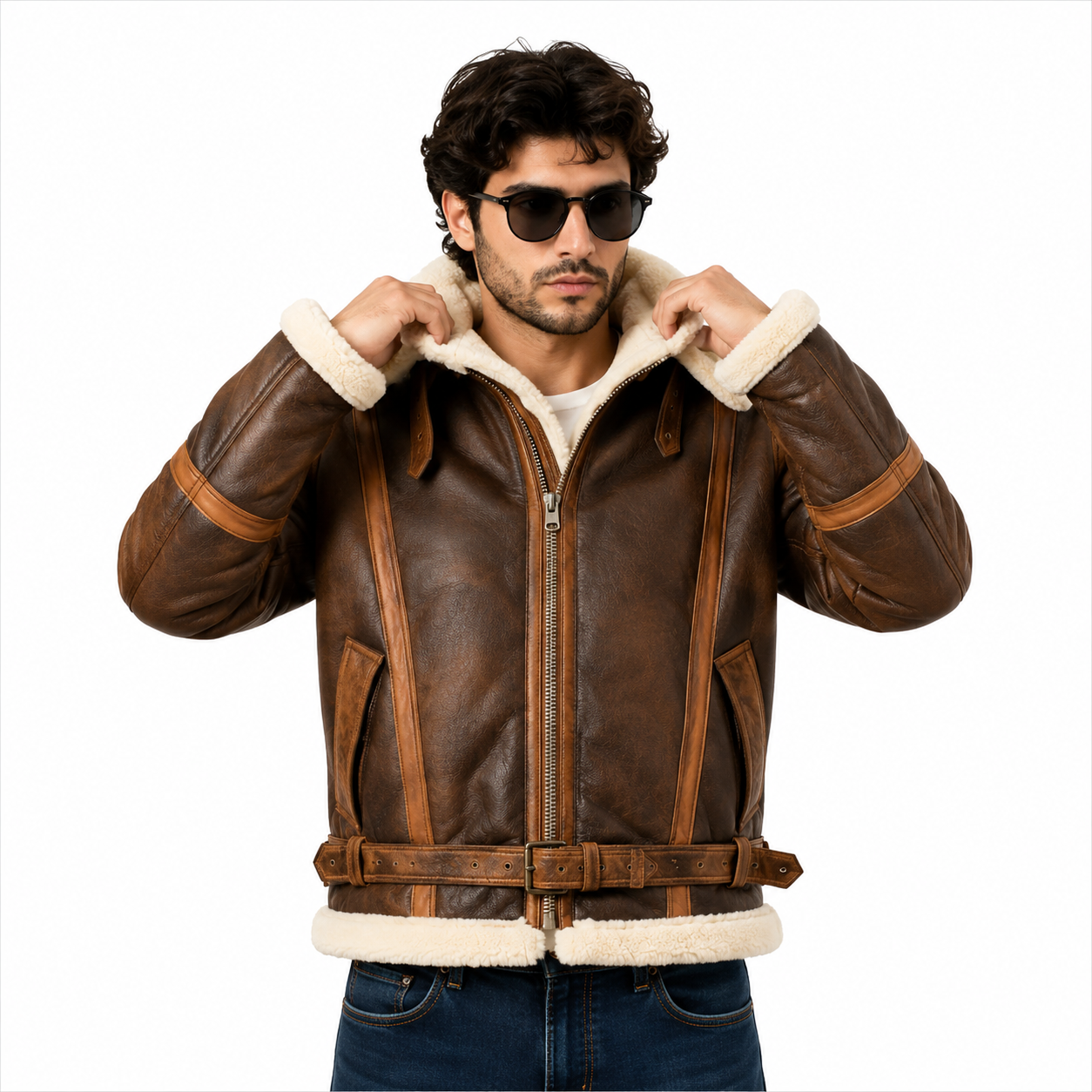 Men's vintage B-3 brown shearling leather aviator jacket
