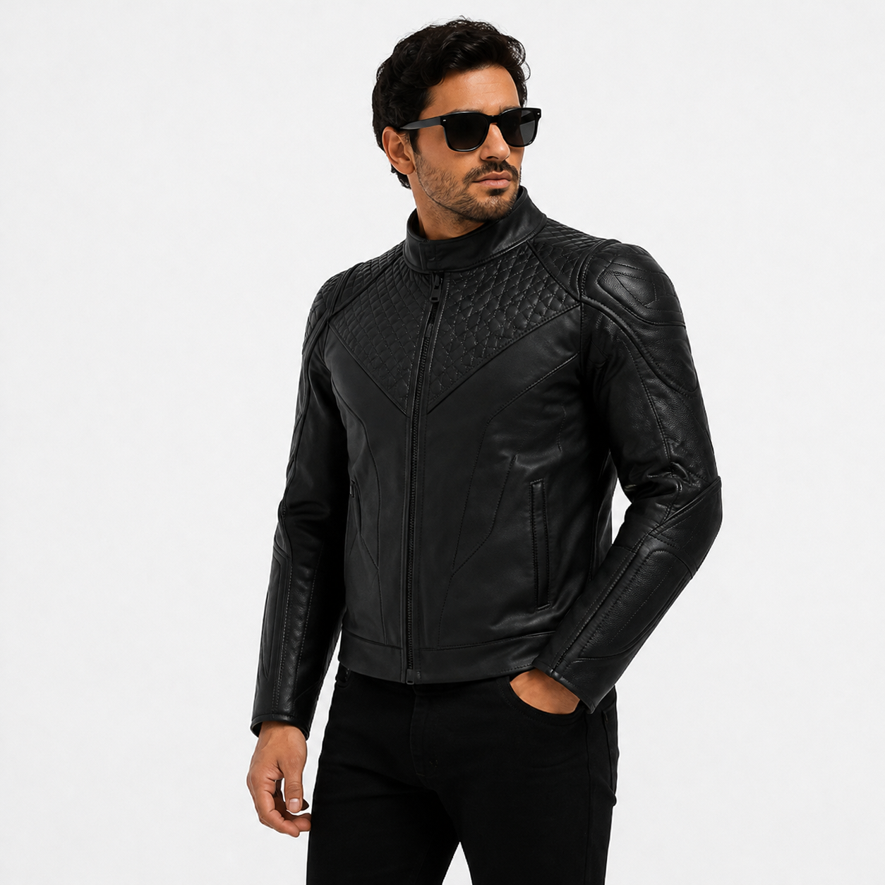 Men's Stealth All-Black Diamond Quilted Leather Biker Jacket