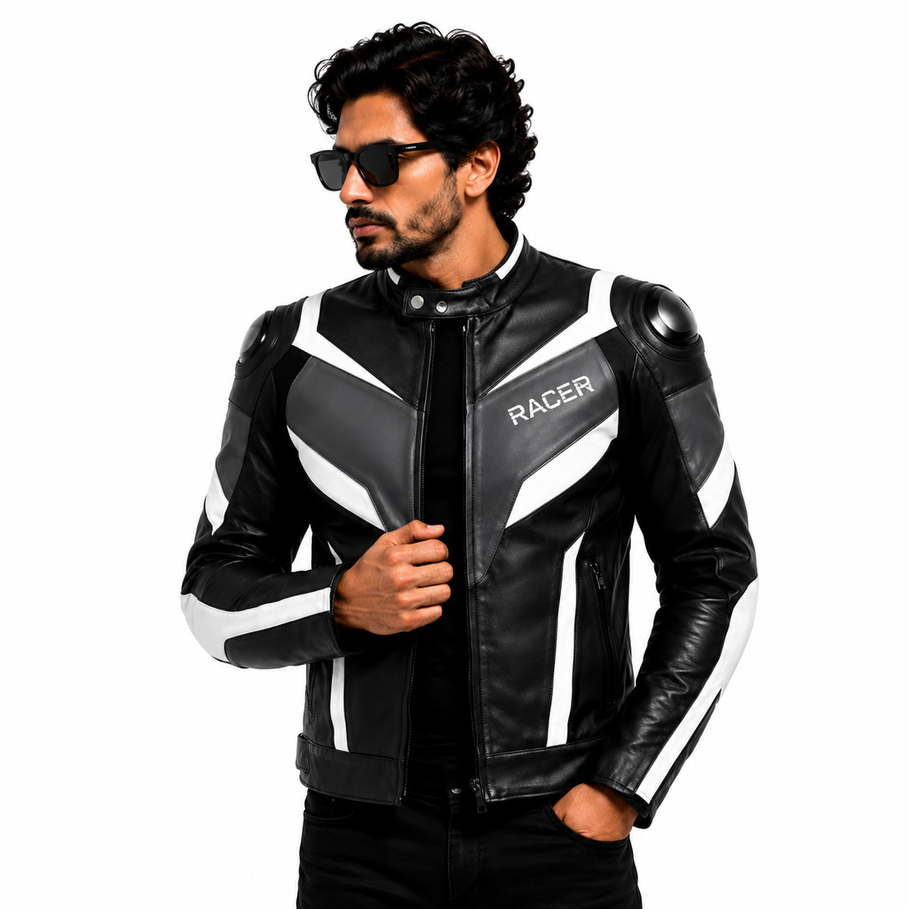 Men's Black & White Racer Leather Jacket