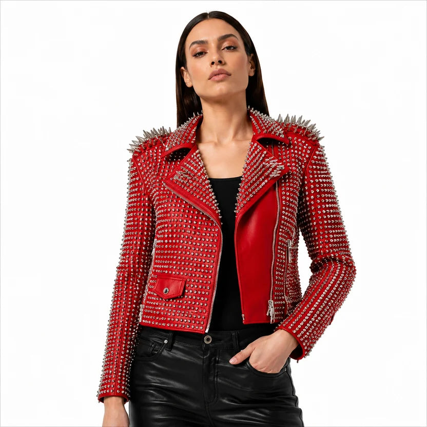 Women's Red Studded Leather Biker Jacket