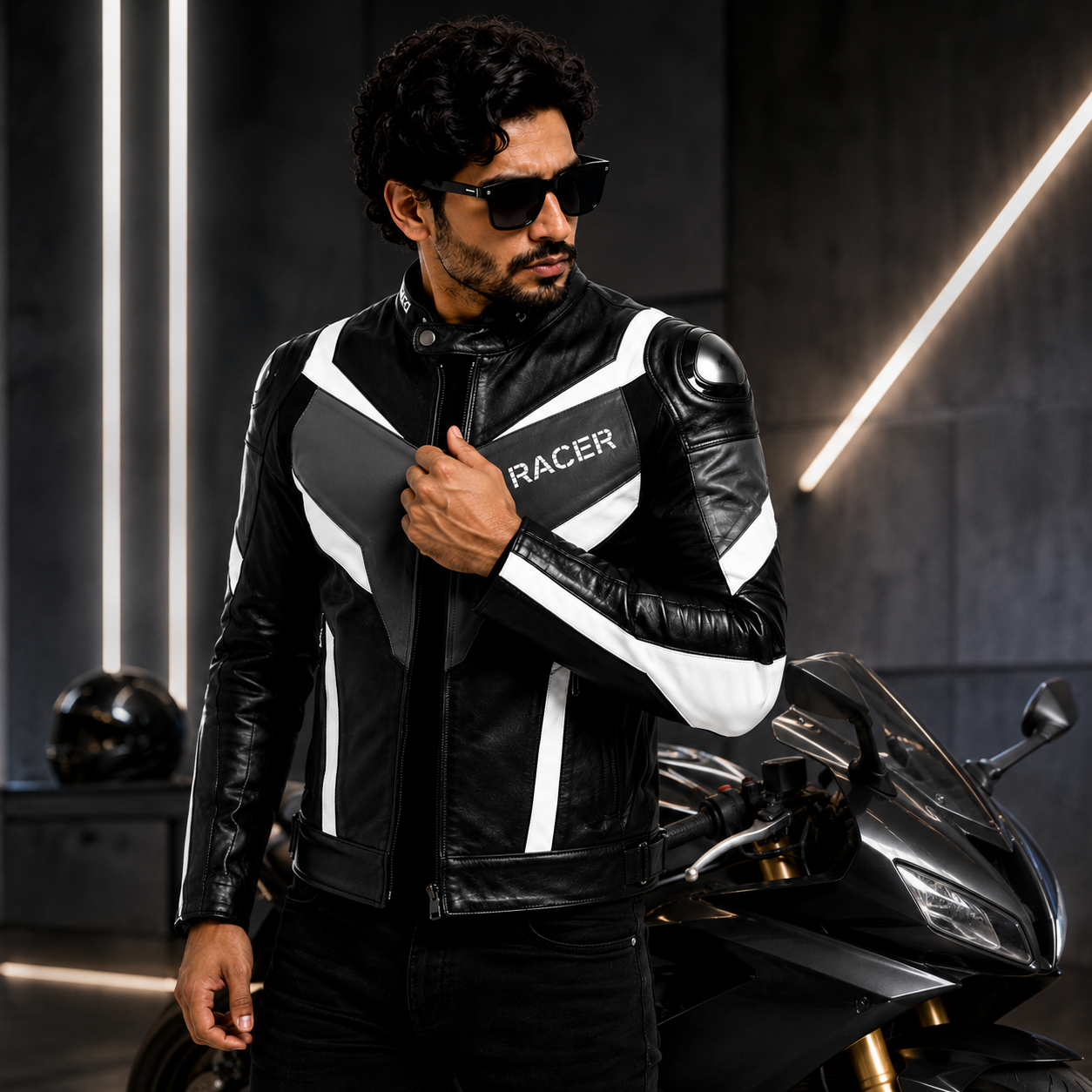 Men's Black & White Racer Leather Jacket