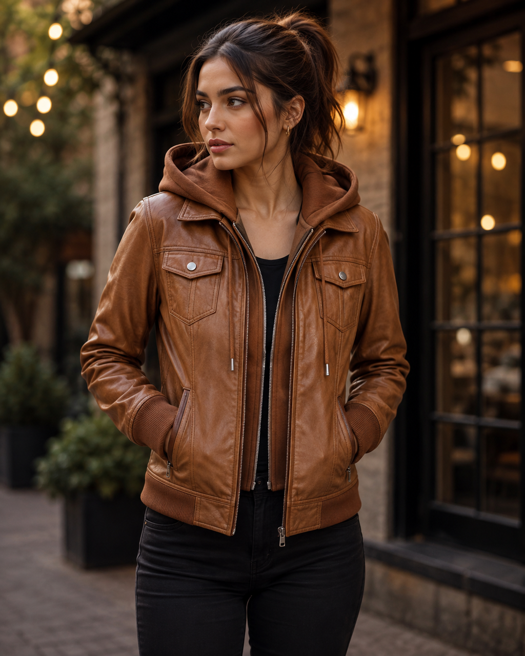brown leather jacket women