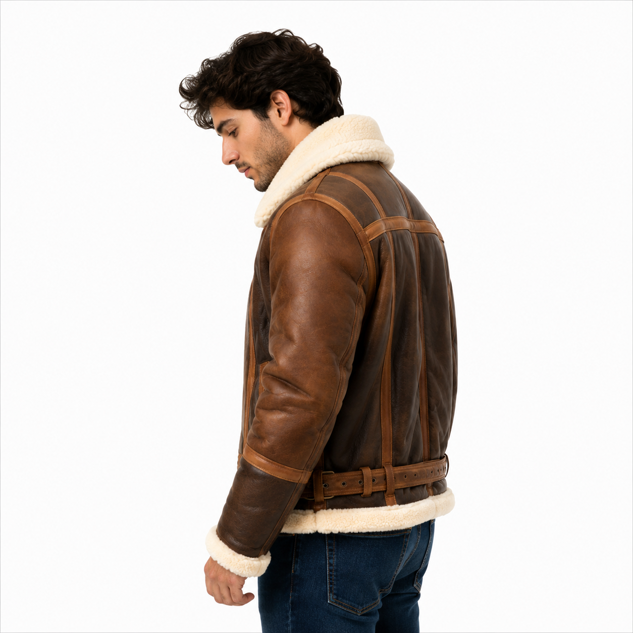 Men's vintage B-3 brown shearling leather aviator jacket