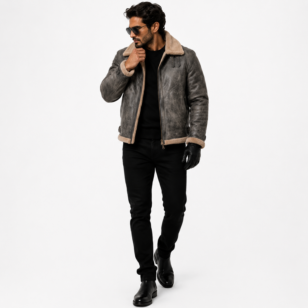 Men's Distressed Grey B-3 Aviator Jacket