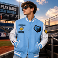 Light Blue and White Memphis Grizzlies NBA Varsity Jacket with Bear Logo Patches