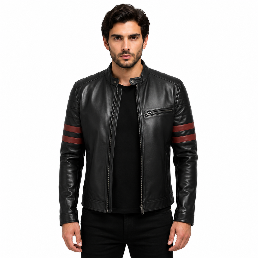 Men's Black Red Striped Genuine Leather Cafe Racer Jacket