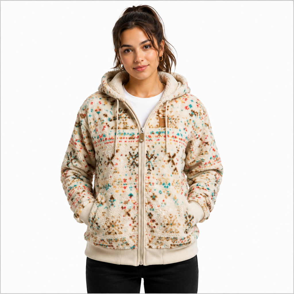 Women's Beige Aztec Sherpa Fleece Hooded Jacket