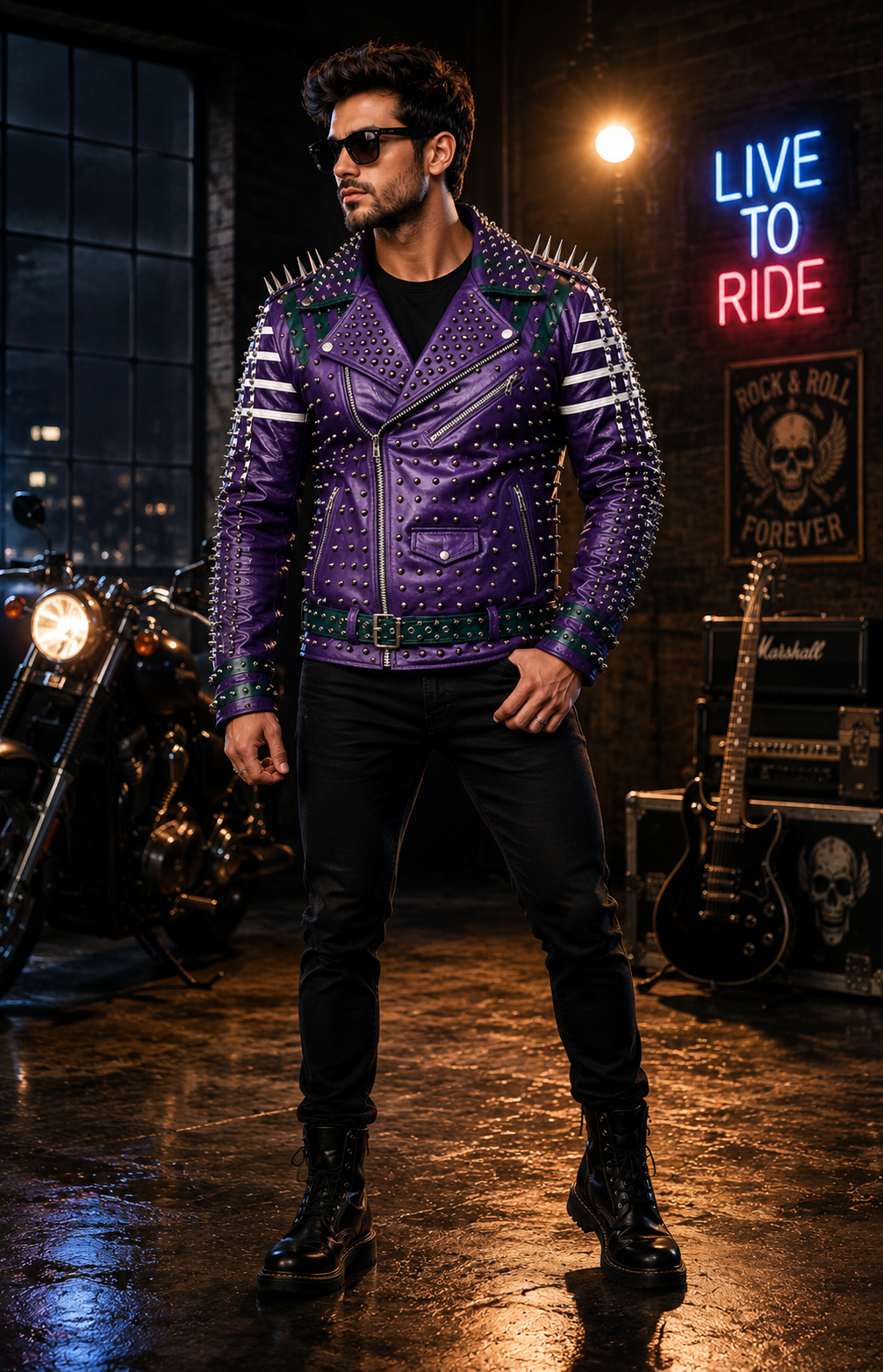 Men's Purple Spiked Leather Jacket | Studded Biker Coat for Punk & Gothic Style