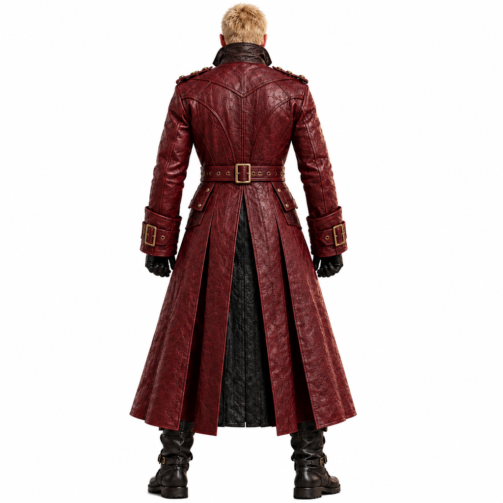men's medieval long leather coat with epaulette shoulders