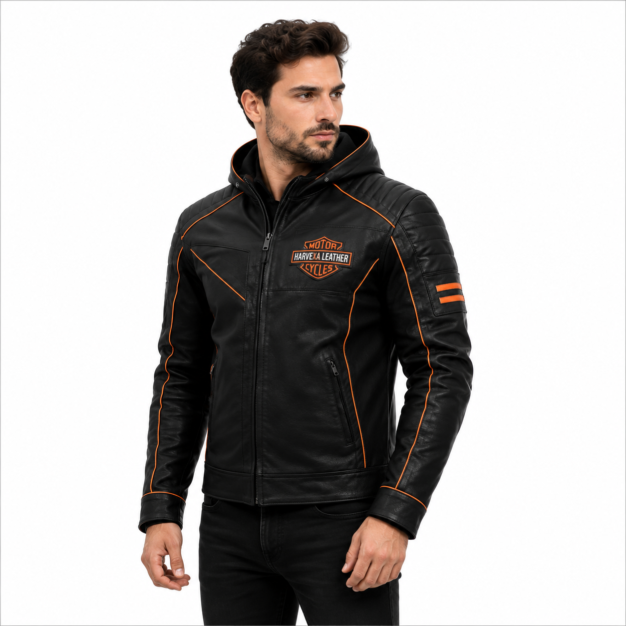 Men's Black Leather Jacket with Orange Piping