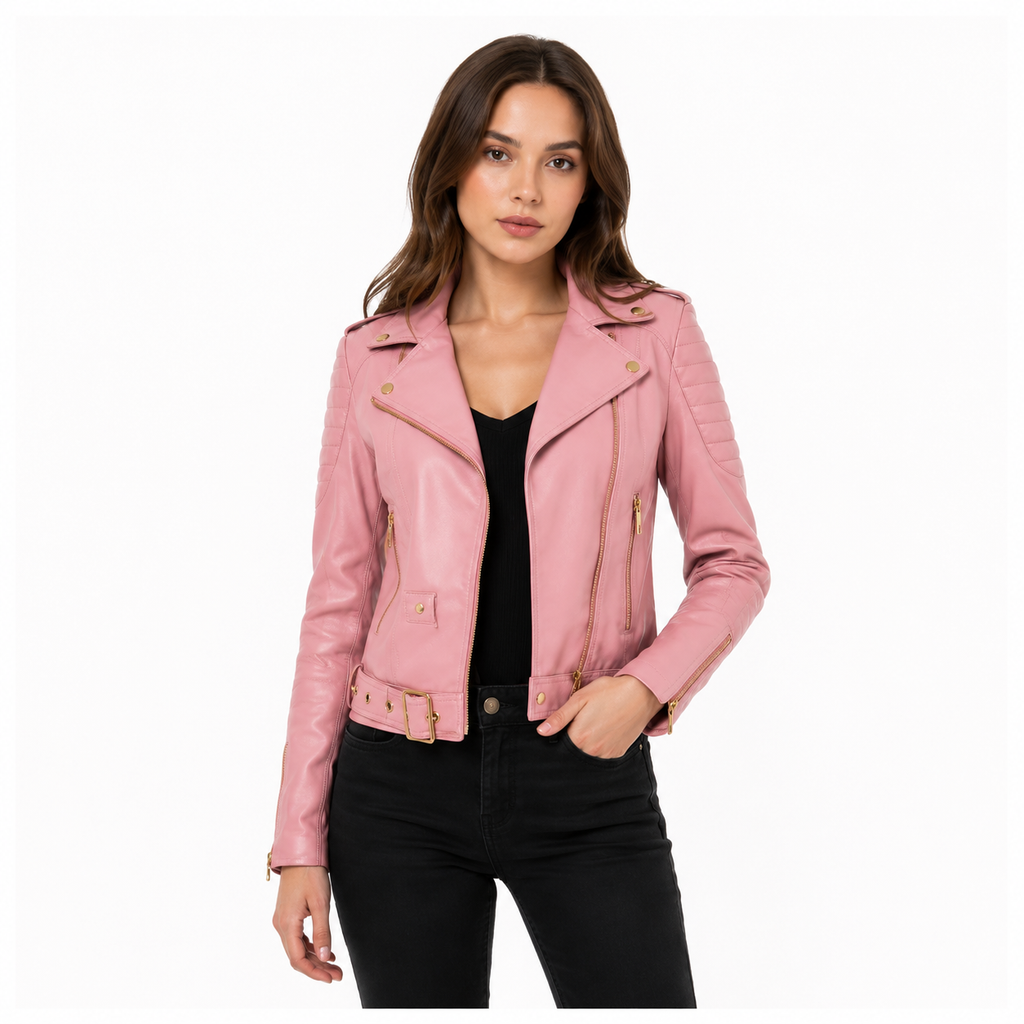 Women's Pink Leather Biker Jacket