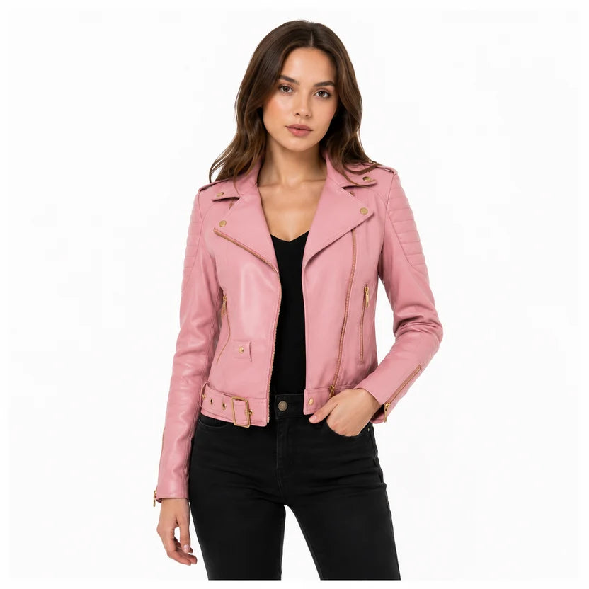 Women's Pink Biker Leather Jacket