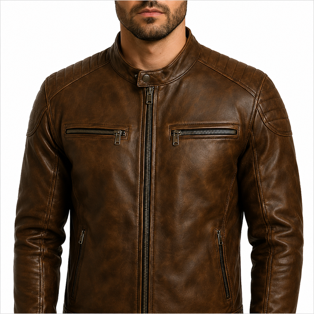 Distressed Leather Cafe Racer Jacket Zip and Shoulder