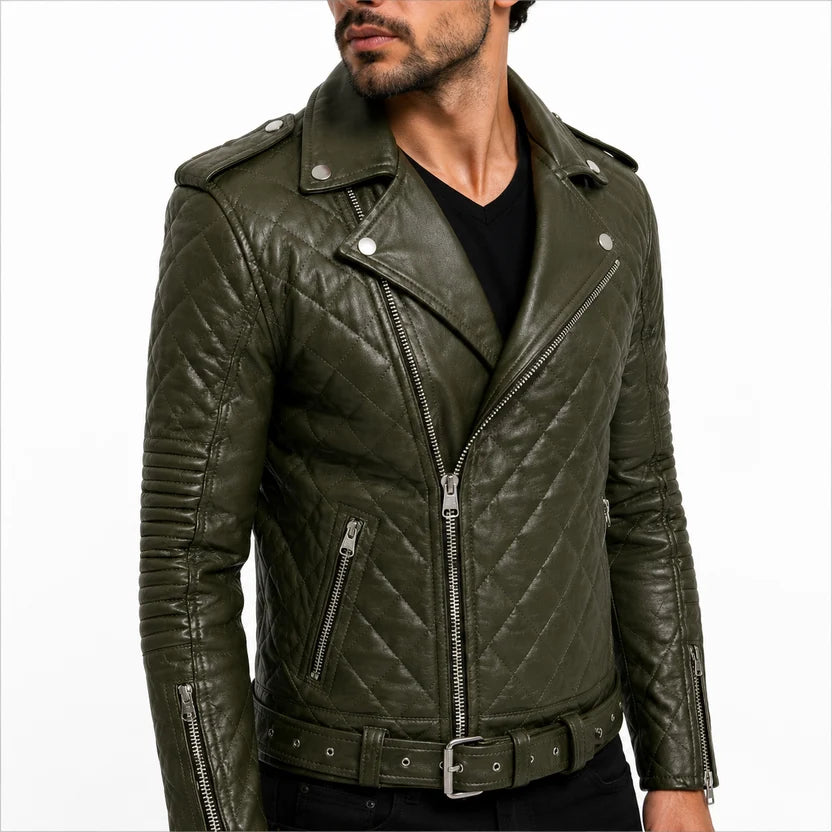 Men's White Leather Quilted Biker Jacket