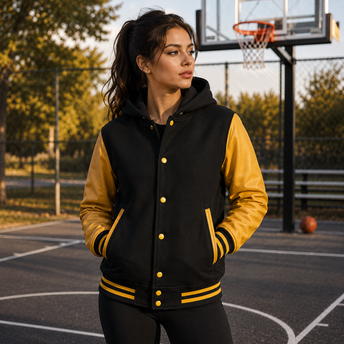 Black and Mustard Yellow Hooded Varsity Jacket with Leather Sleeves