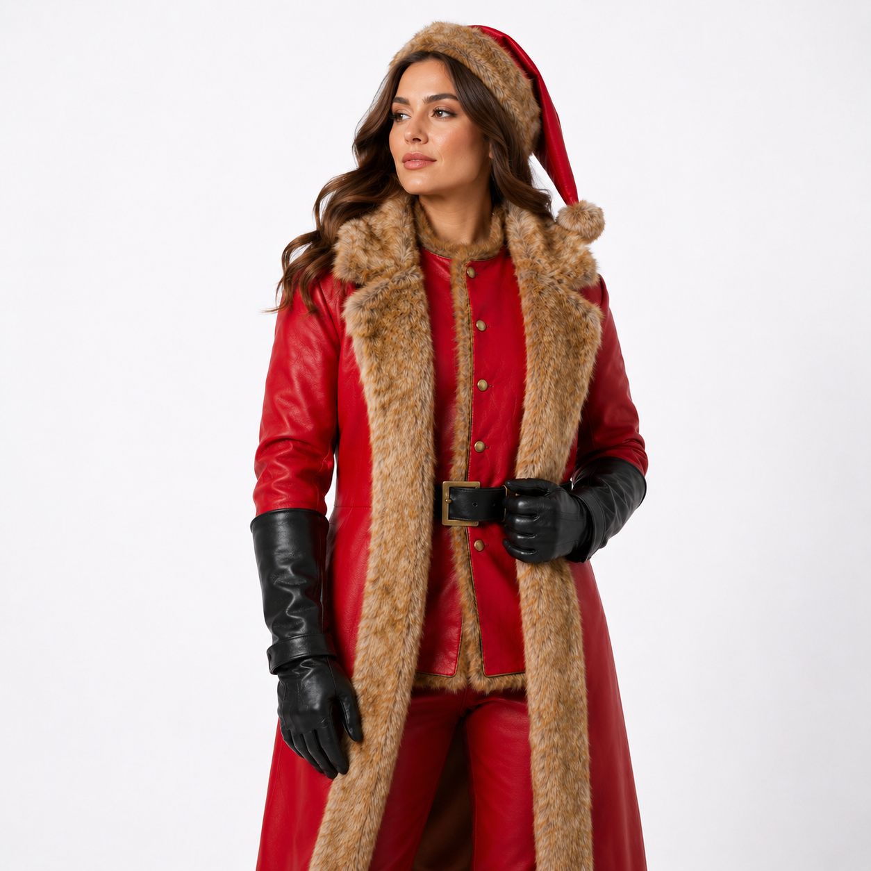 Santa Inspired Red Faux Leather Coat Costume with Faux Fur Trim – Christmas Holiday Outfit