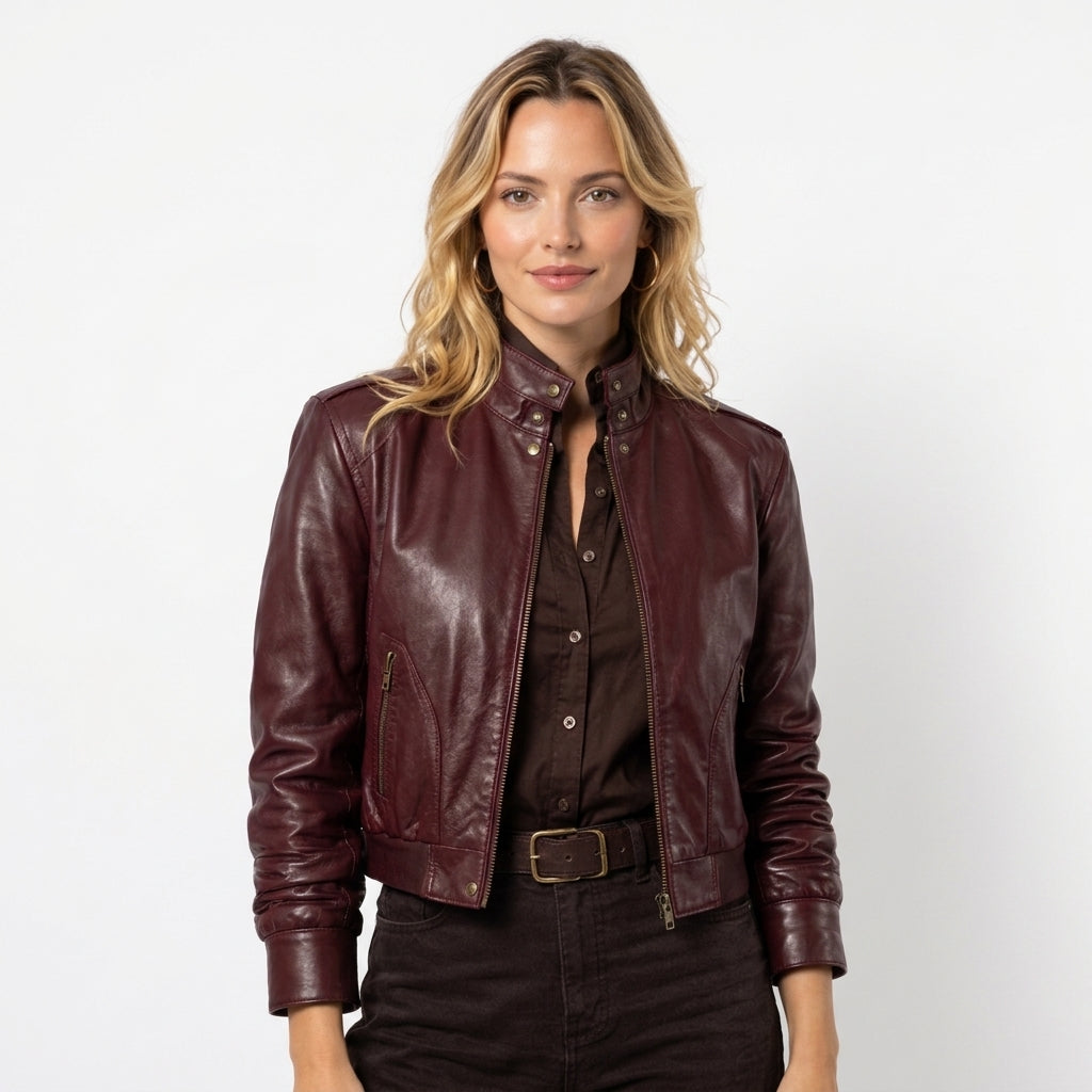Close-up of a maroon leather jacket showing the stand-up collar, button details, and front zipper design