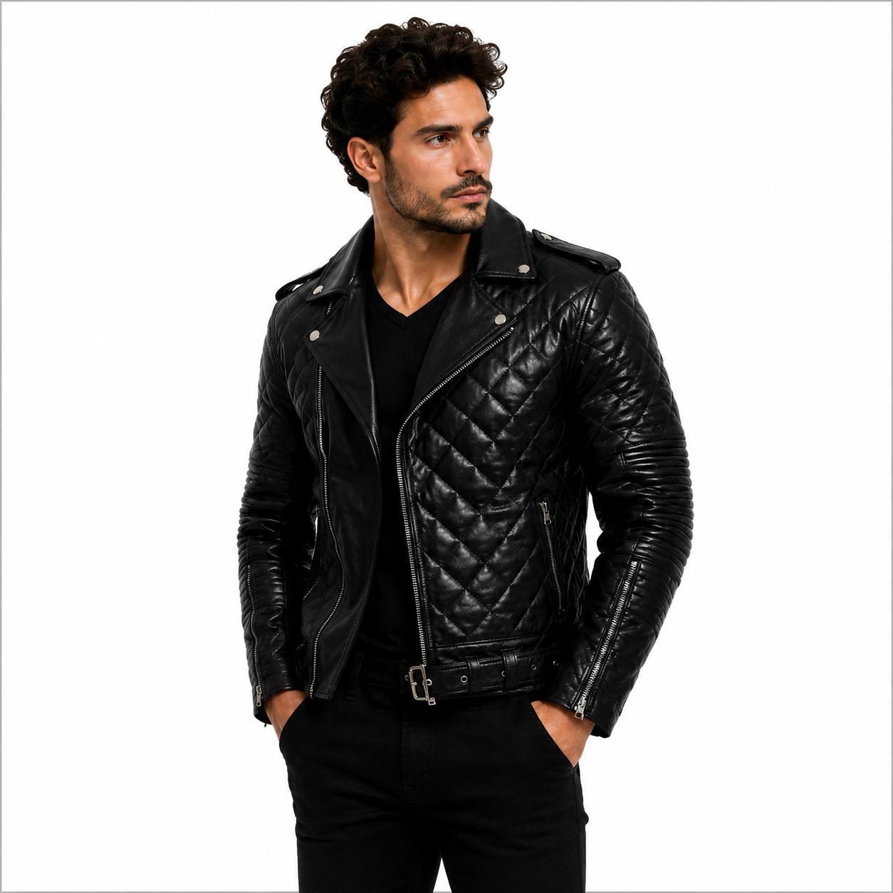Men's Quilted Black Leather Biker Jacket