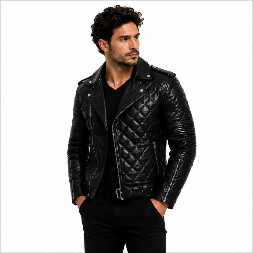 Men's White Leather Quilted Biker Jacket