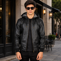 Nintenzo Black Hooded Leather Bomber Jacket