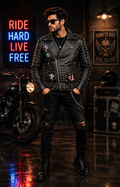 Men’s Brando Studded Leather Biker Jacket – Black Genuine Leather Punk Rock Motorcycle Jacket