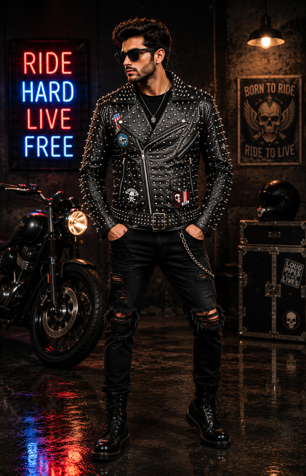 Men’s Brando Studded Leather Biker Jacket – Black Genuine Leather Punk Rock Motorcycle Jacket