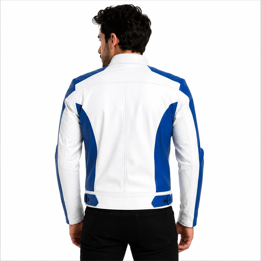 Men's White and Black Genuine Leather Biker Jacket