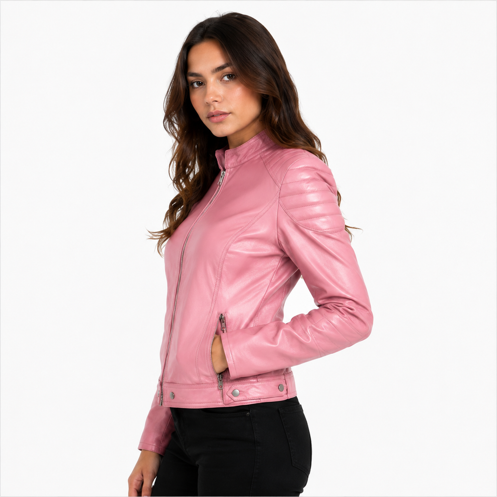 Women's Pastel Dusty Pink Cafe Racer Leather Biker Jacket