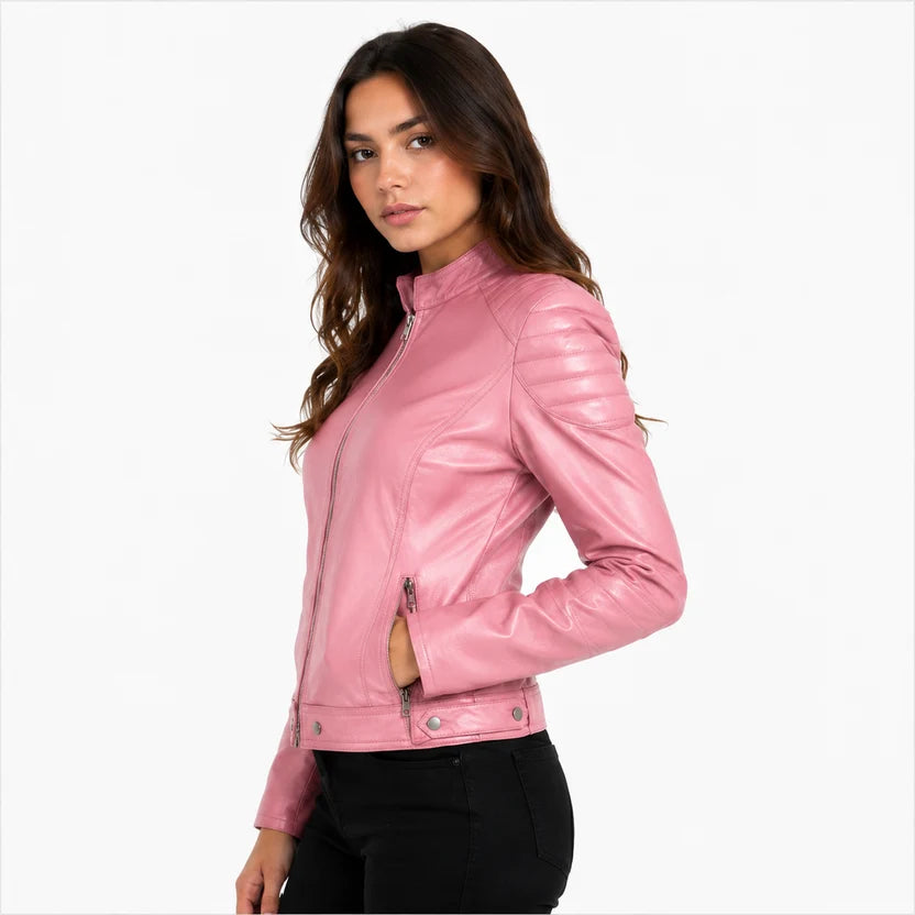 women's pink real leather biker jacket