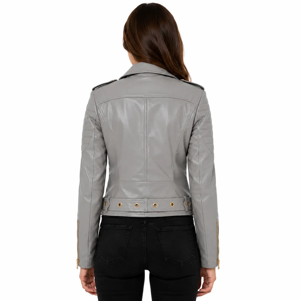 women's grey biker leather jacket
