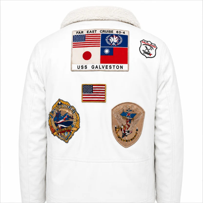 White Leather Bomber Jacket with Embroidered Patches on Sleeves