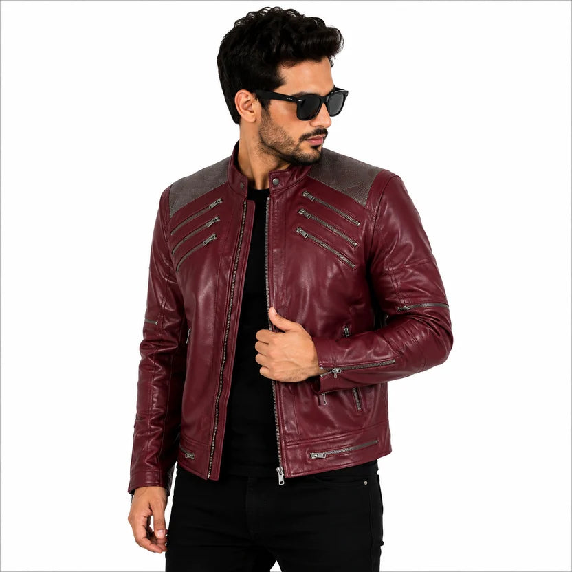 Burgundy Leather Jacket with Diagonal Chest Zippers Michael Jackson Style