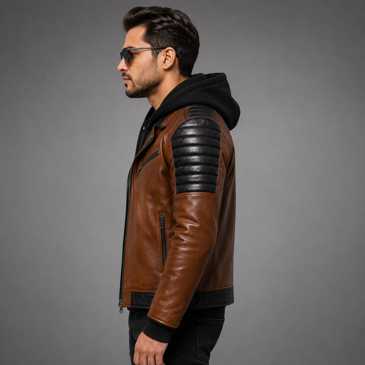 men's brown hooded leather biker jacket