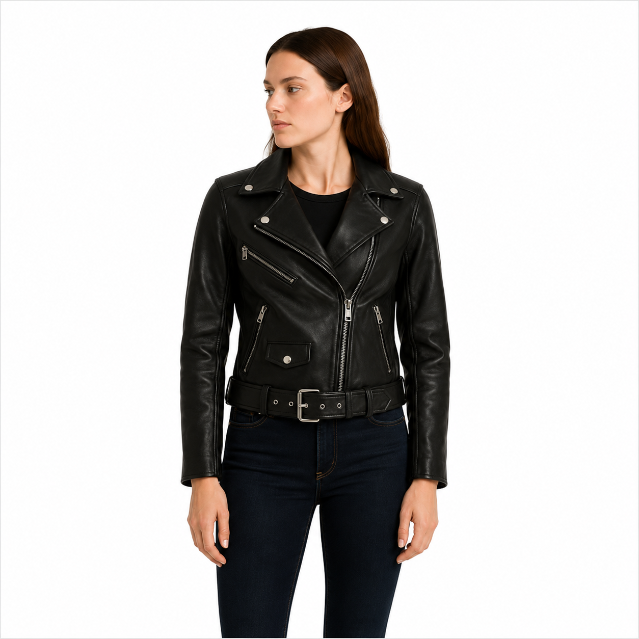 Women's Black Floral Leather Jacket with Jeans Outfit