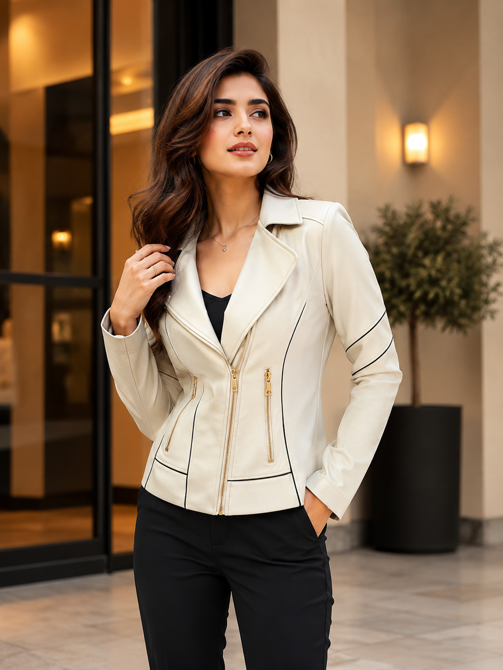 Women's Cream Faux Leather Moto Jacket