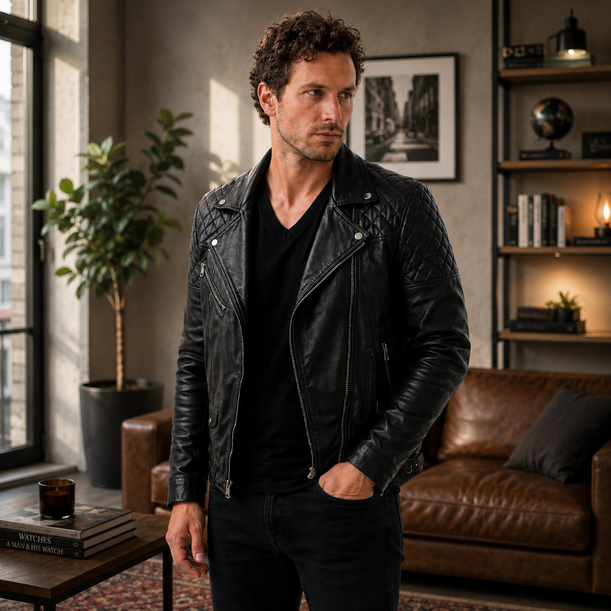 Men's Black Leather Biker Jacket.