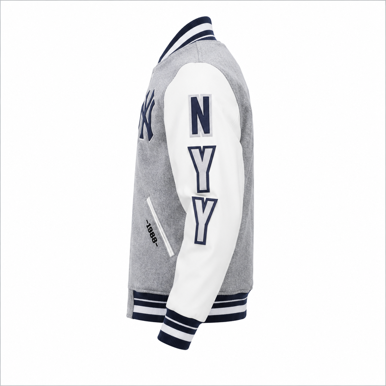 Gray and White New York Yankees MLB Varsity Jacket with New York Script on Back