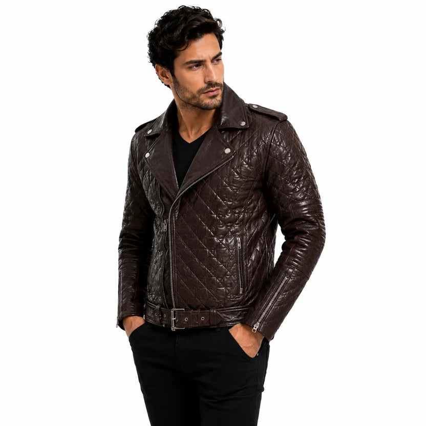 Men's Chocolate Brown Quilted Leather Biker Jacket with Waist Belt