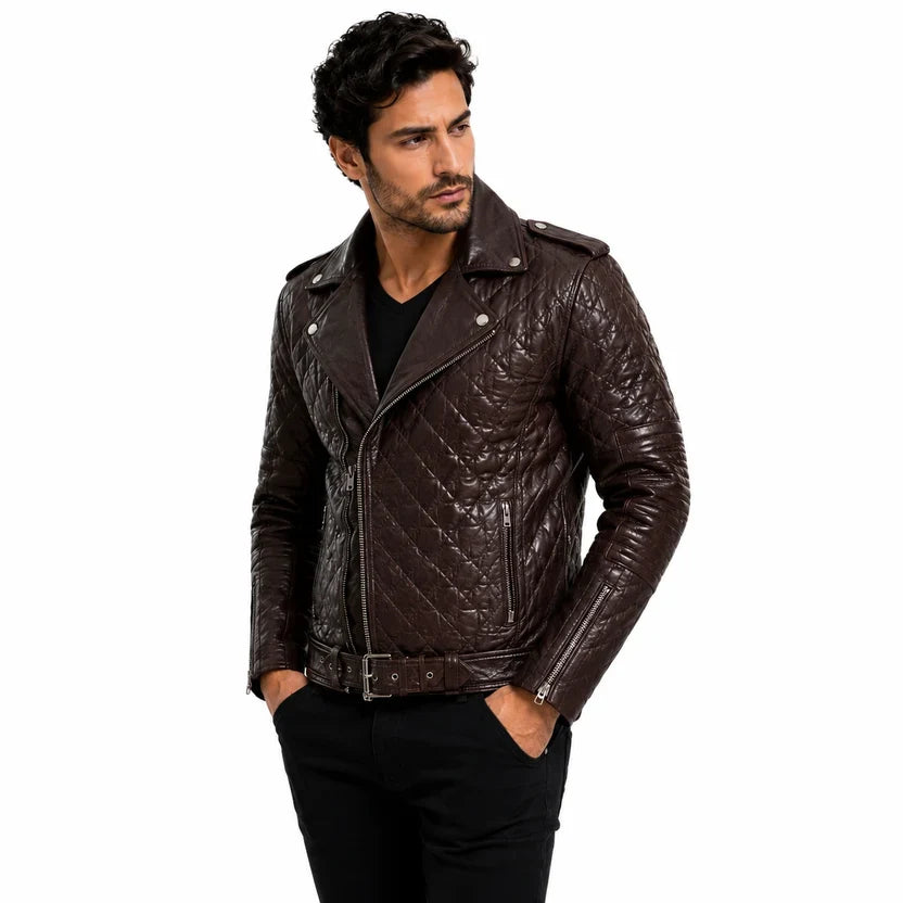 Men's White Leather Quilted Biker Jacket